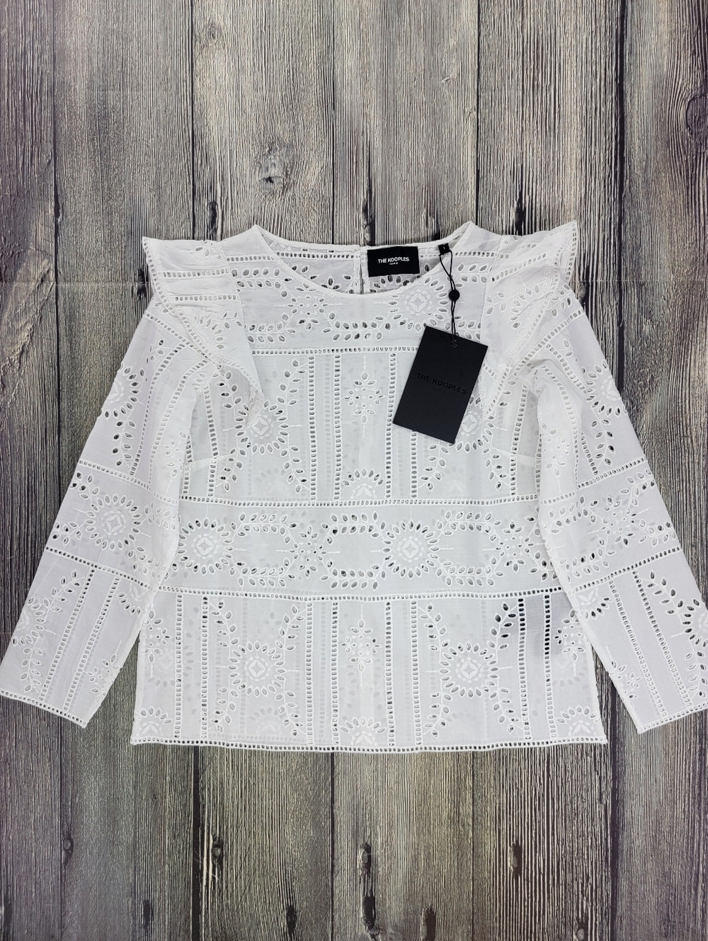 The Kooples NWT Floral White Eyelet Ruffle Shoulder Long-Sleeve Top - Picture 3 of 13